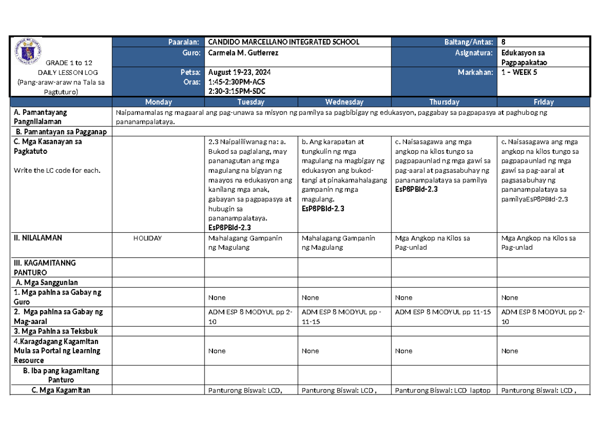 DLL ESP8 Q1W5 - DLL - GRADE 1 to 12 DAILY LESSON LOG (Pang-araw-araw na ...