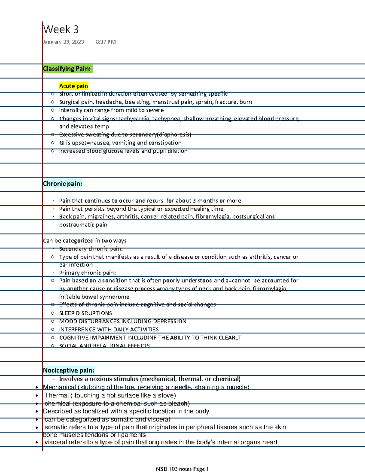 Week 3 Nse - NSE - Classifying Pain: - Acute Pain Short Or Limited In ...