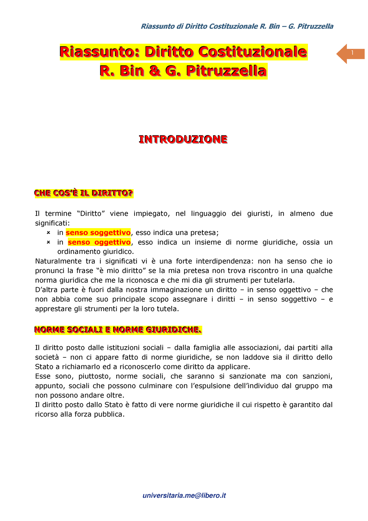 Riassunto Di Diritto Costituzionale R. Bin - G. Pitruzzella - 1 R R R I ...