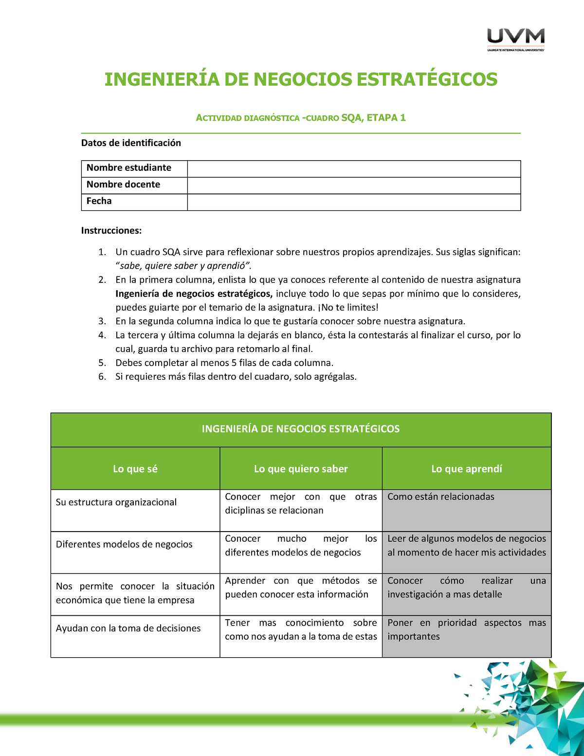 A1 - Actividad 1 - INGENIERÍA DE NEGOCIOS ESTRATÉGICOS ACTIVIDAD ...