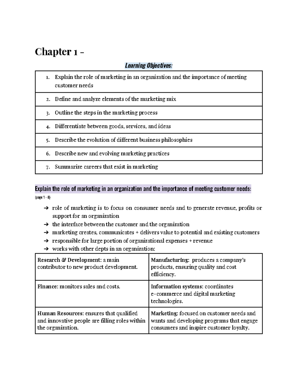 MKTG 1102 - Mike Coates - Ch 1 Notes - Chapter 1 - Learning Objectives ...