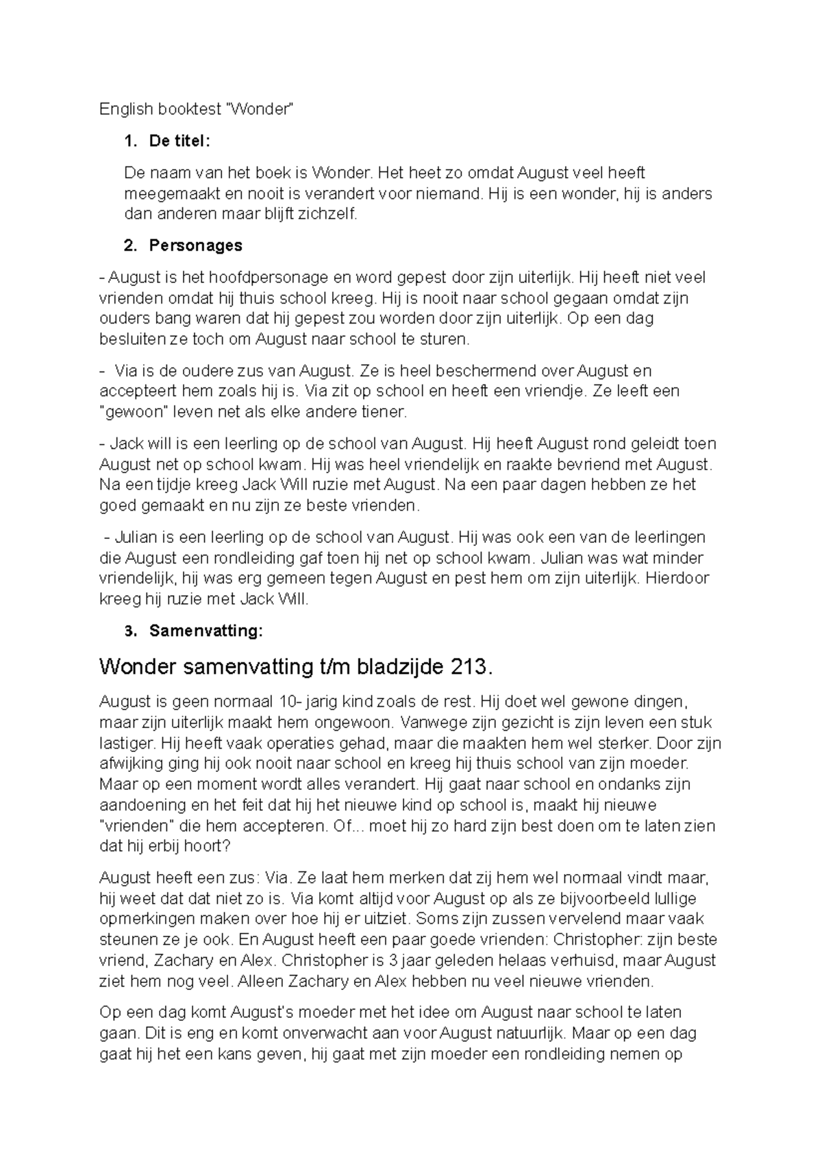 Boek Wonder Samenvatting English Booktest Wonder De Titel De Naam Van Het Boek Is Wonder