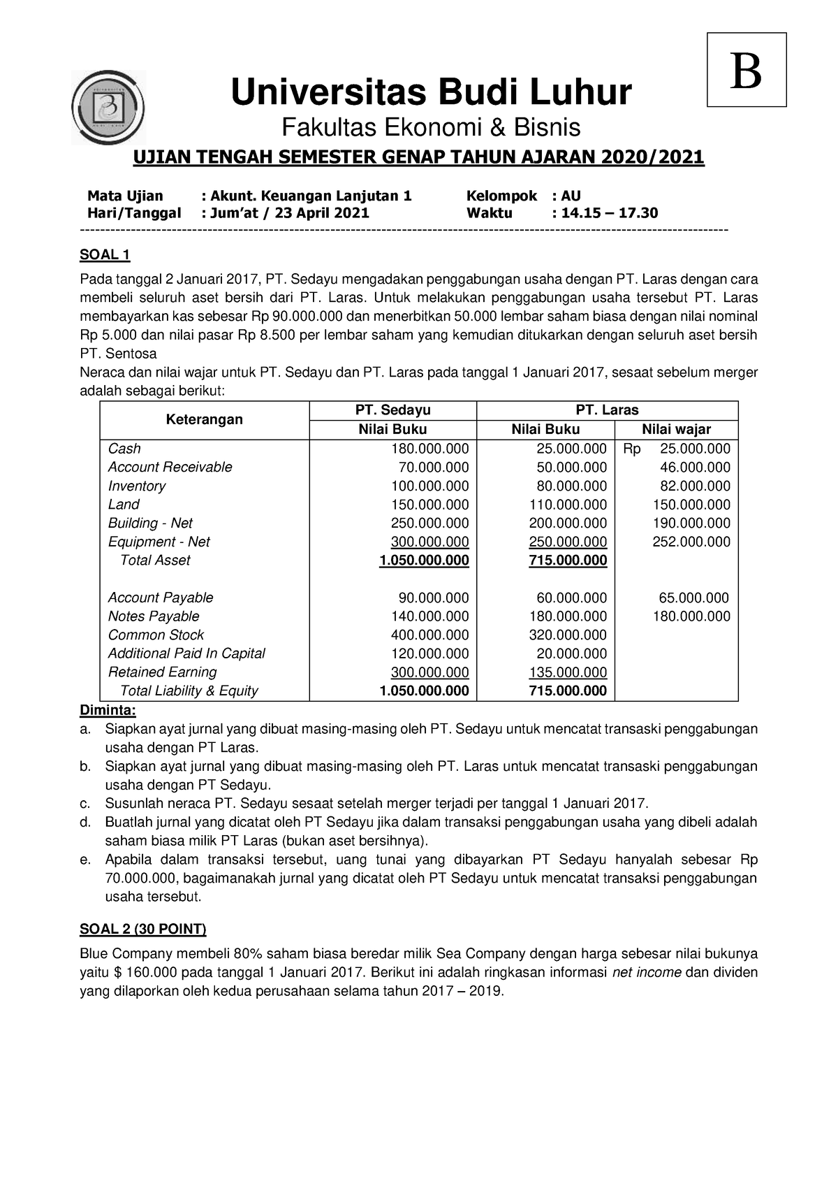 SOAL UTS Aklan 1 TIPE B - Soal UTS AKL 1 - Universitas Budi Luhur ...