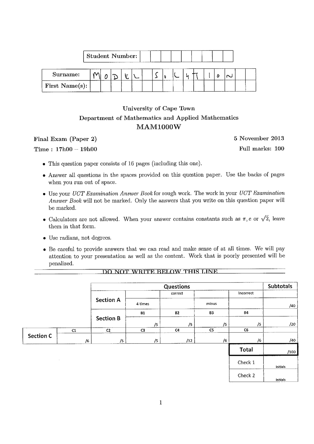 Exam paper 2 2013 solution - MAM1000W - Studocu