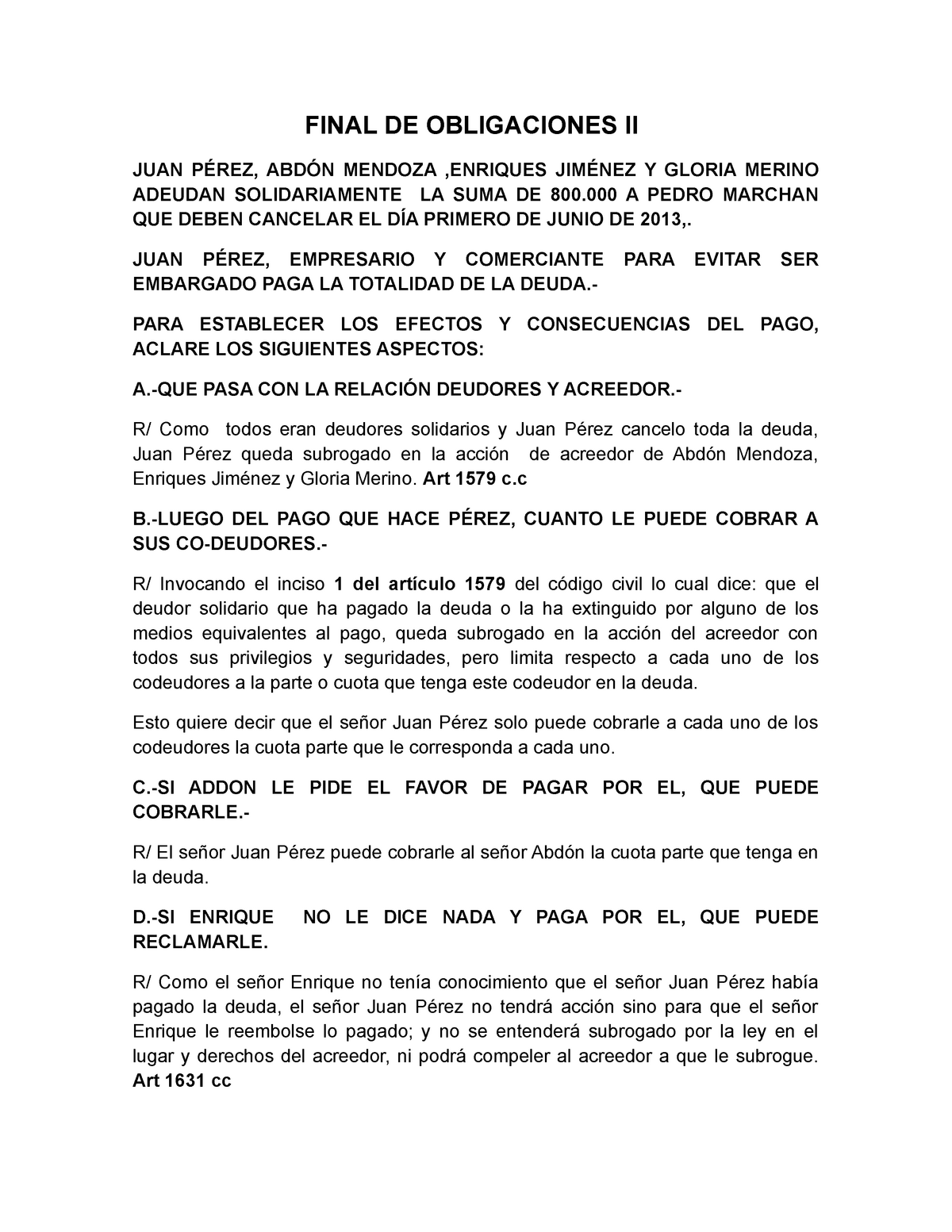 Examen De Muestra Pr Ctica Julio Preguntas Y Respuestas Final De Obligaciones Ii Juan