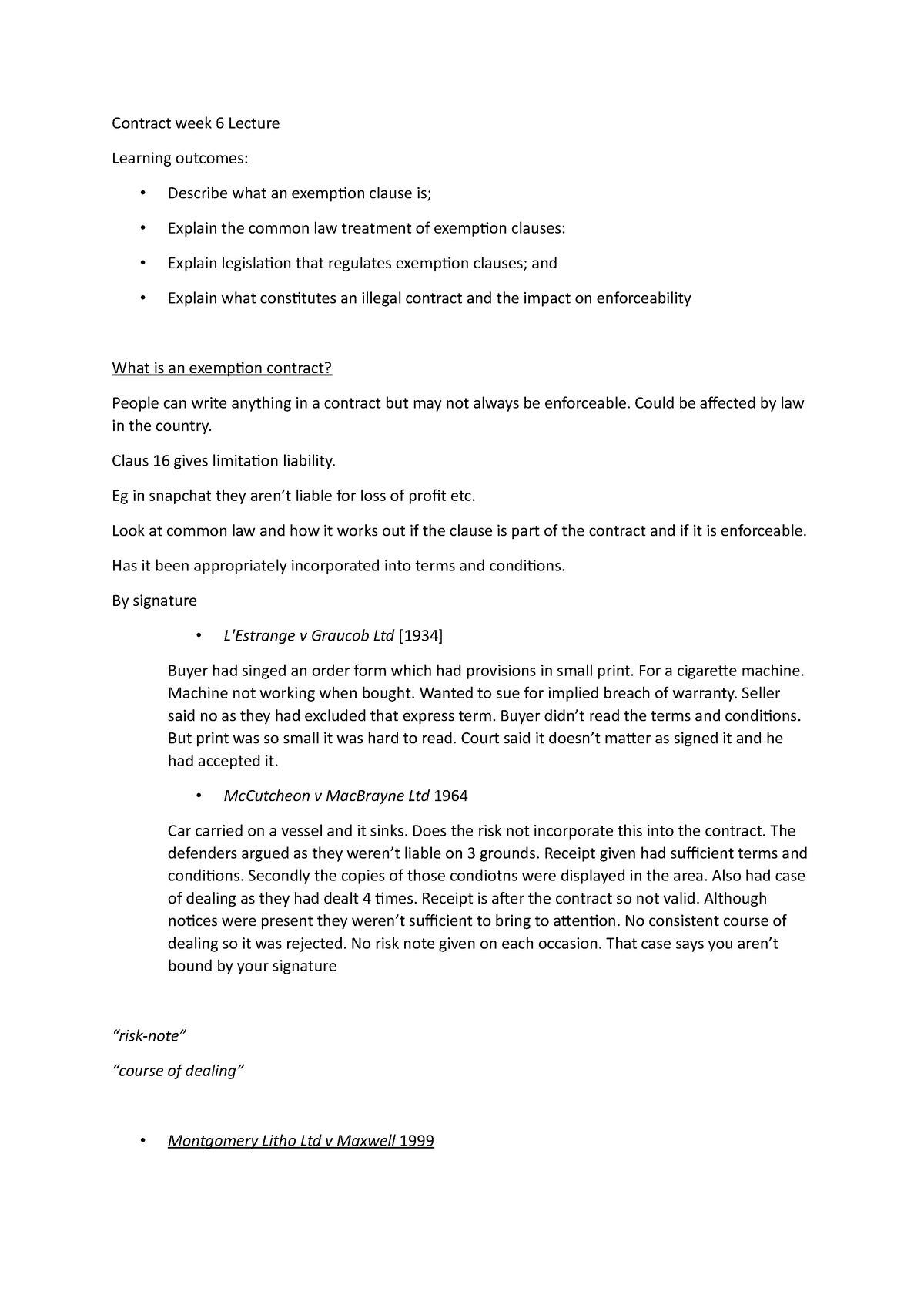 Contract week 6 Lecture - Contract week 6 Lecture Learning outcomes ...