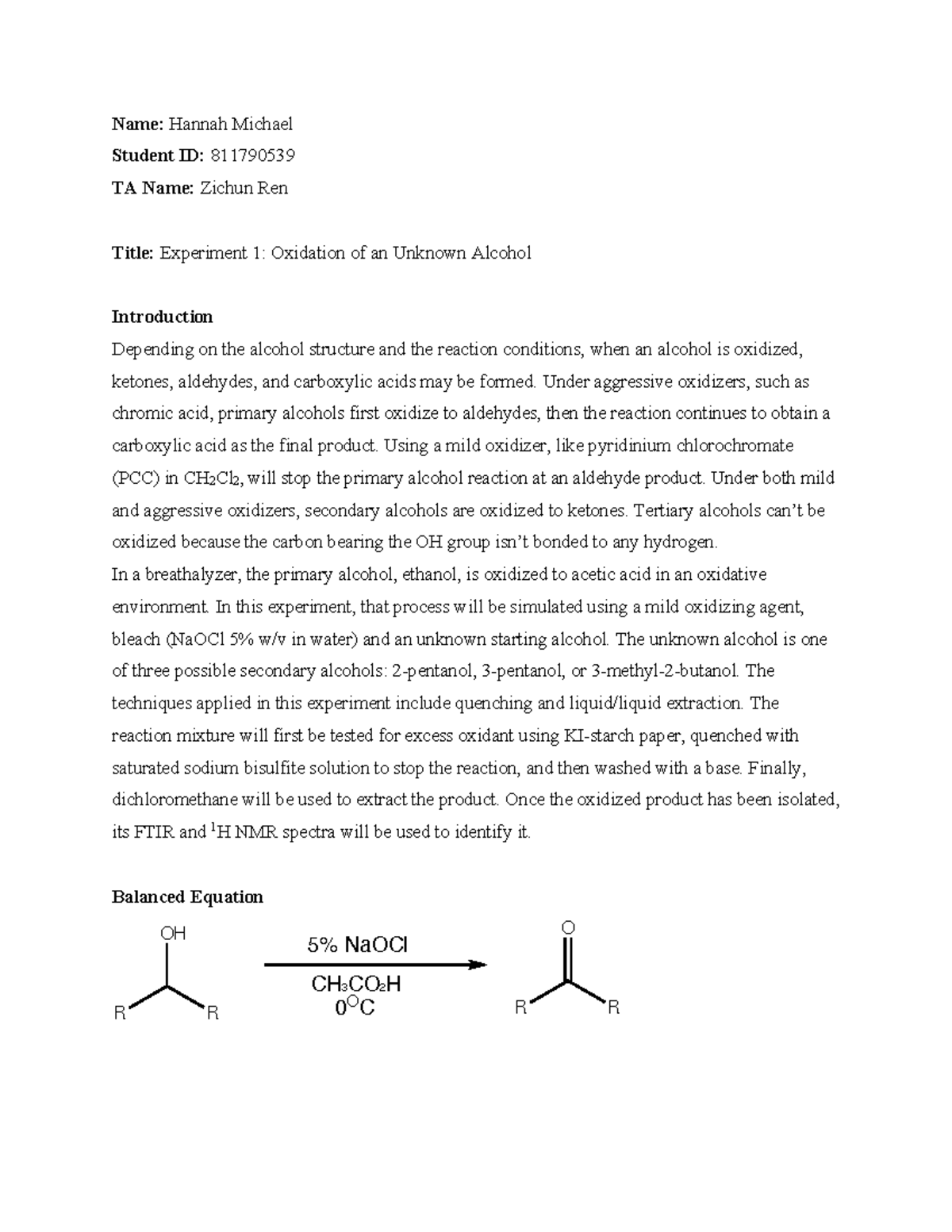 CHEM 2212 Experiment 1 Oxidation of Unknown Alcohol Pre Lab Report