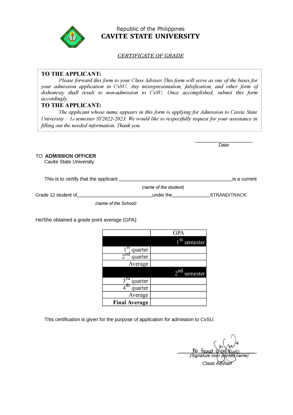 certification-of-grade-republic-of-the-philippines-cavite-state