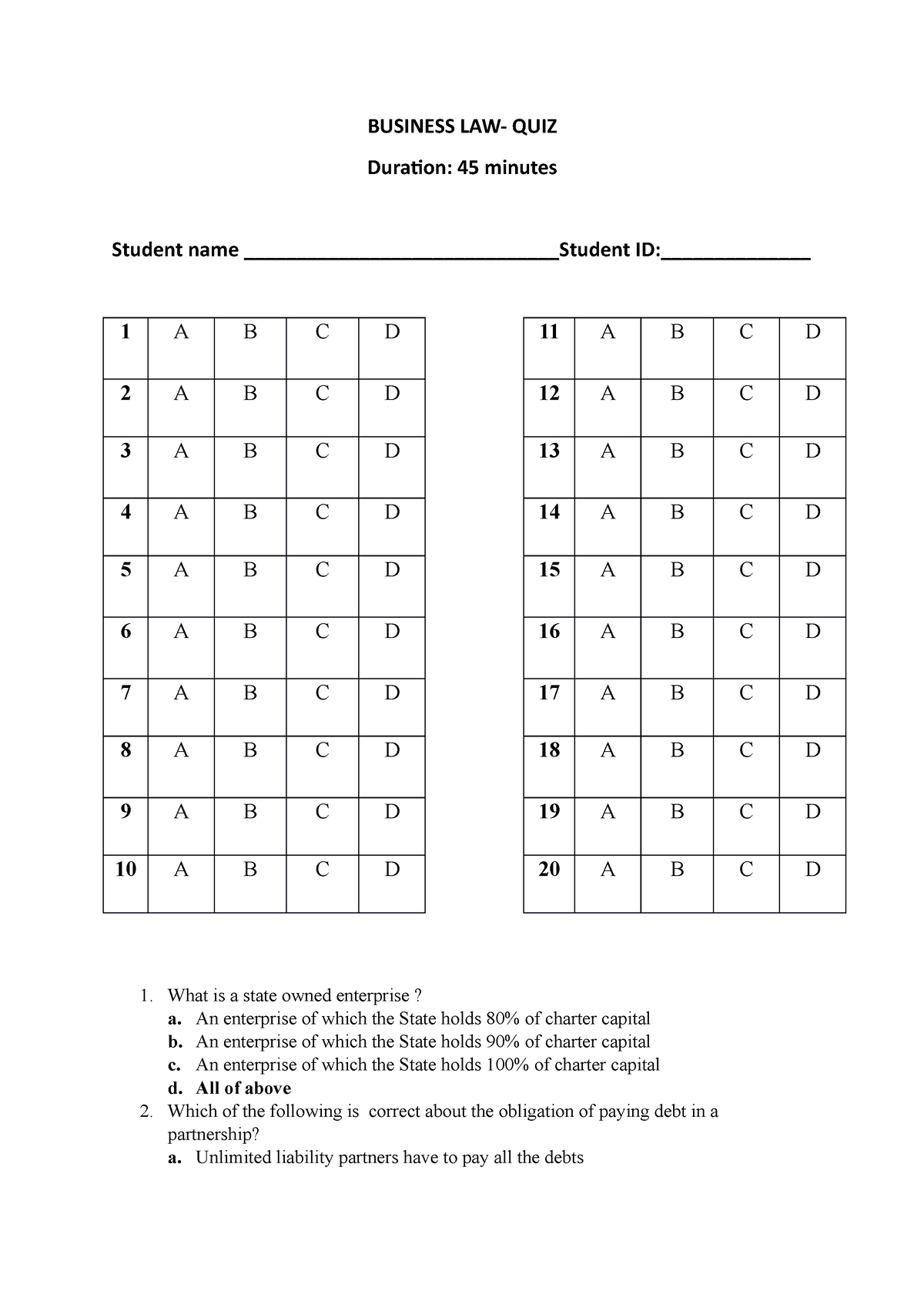 Mock Quiz 1 Business Legal - BUSINESS LAW- QUIZ Duration: 45 Minutes ...