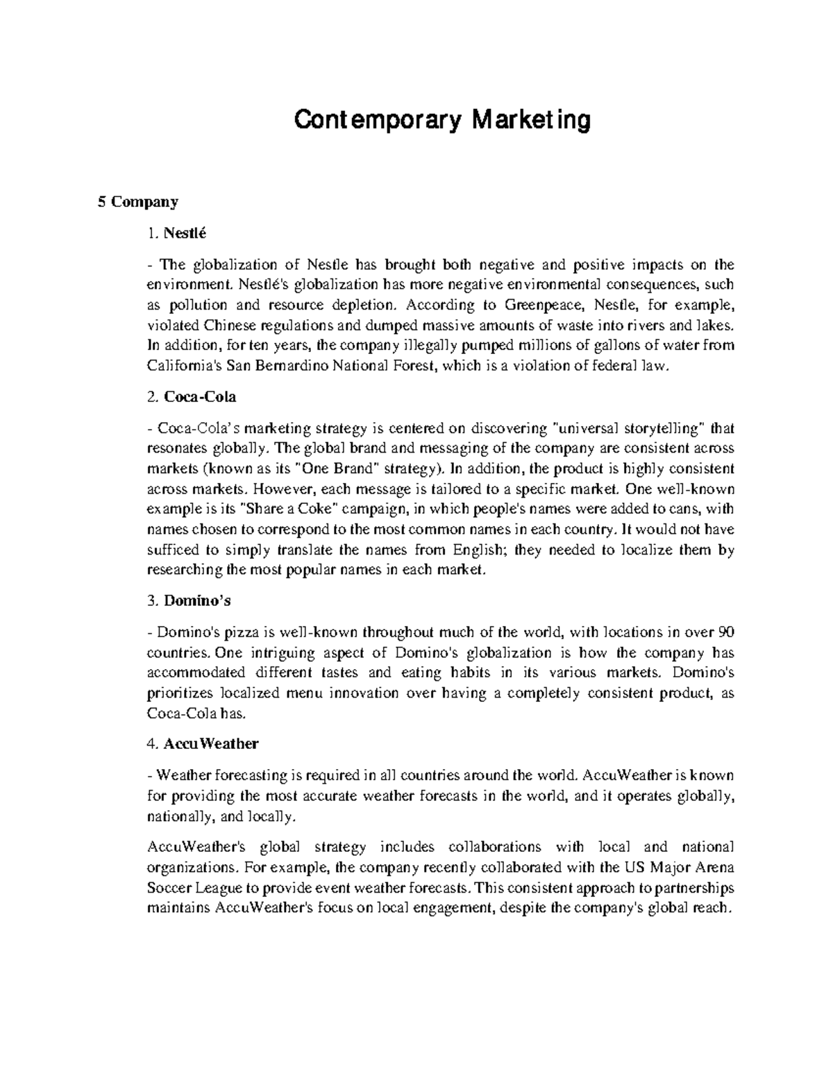 Contemporary Marketing - 5 Company Nestlé The globalization of Nestle ...