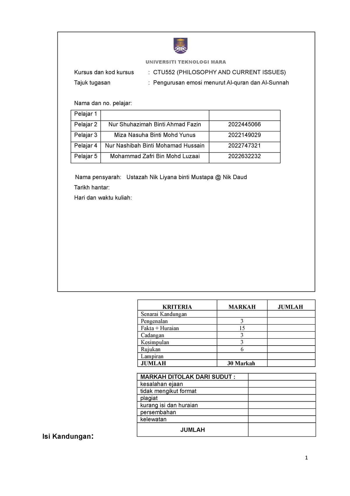 Assignment CTU552 - Assignemnt Group - UNIVERSITI TEKNOLOGI MARA Kursus ...