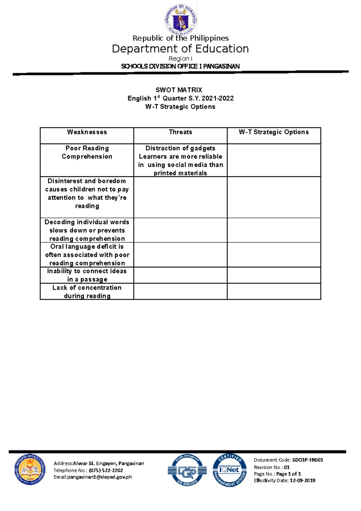 SWOT Matrix heide - Republic of the Philippines Department of Education ...
