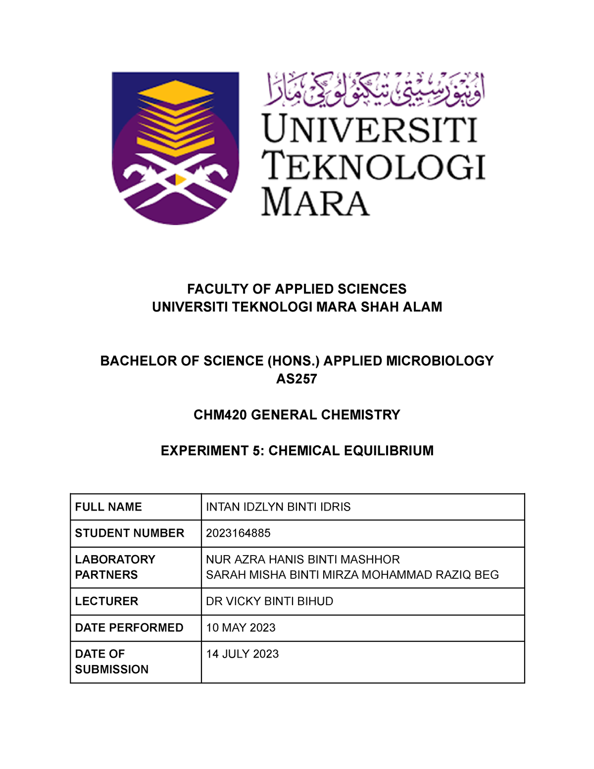 chm420 experiment 5