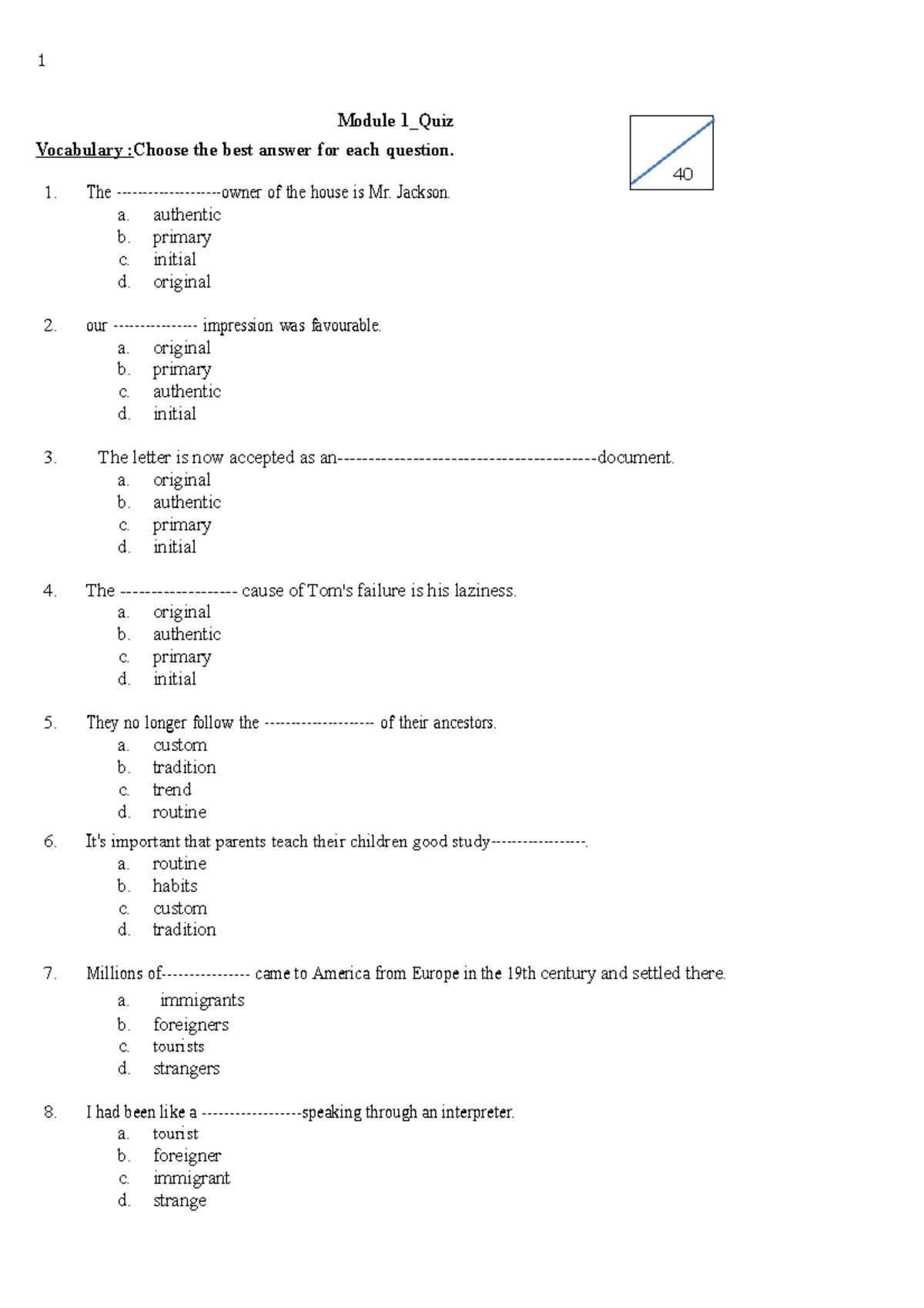 Module 1 Quiz English Language Course Module 1 Quiz Vocabulary Module 1 Quiz English Language Course Module 1 Quiz Vocabulary