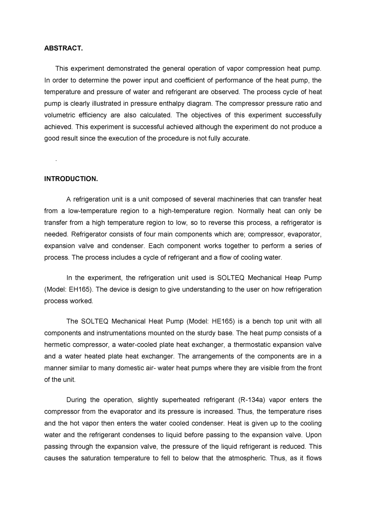 refrigeration unit experiment