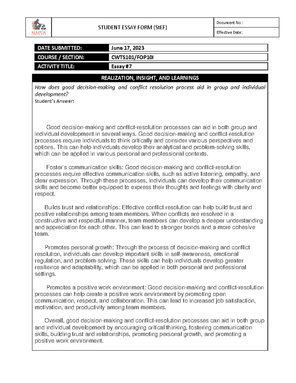 Castro, Kenneth P. CWTS101 Essay #7 - STUDENT ESSAY FORM (StEF ...