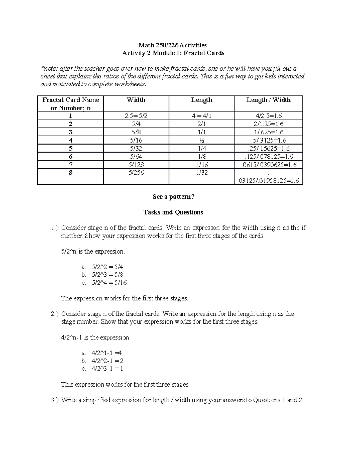 Fractal Fever - Math 250/226 Activities Activity 2 Module 1: Fractal ...