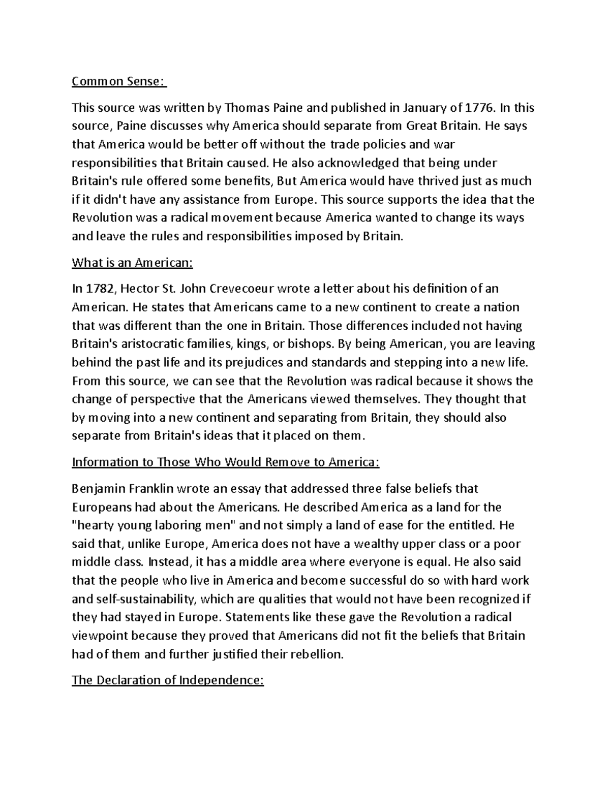 Discussion 1 Common Sense This source was written by Thomas Paine