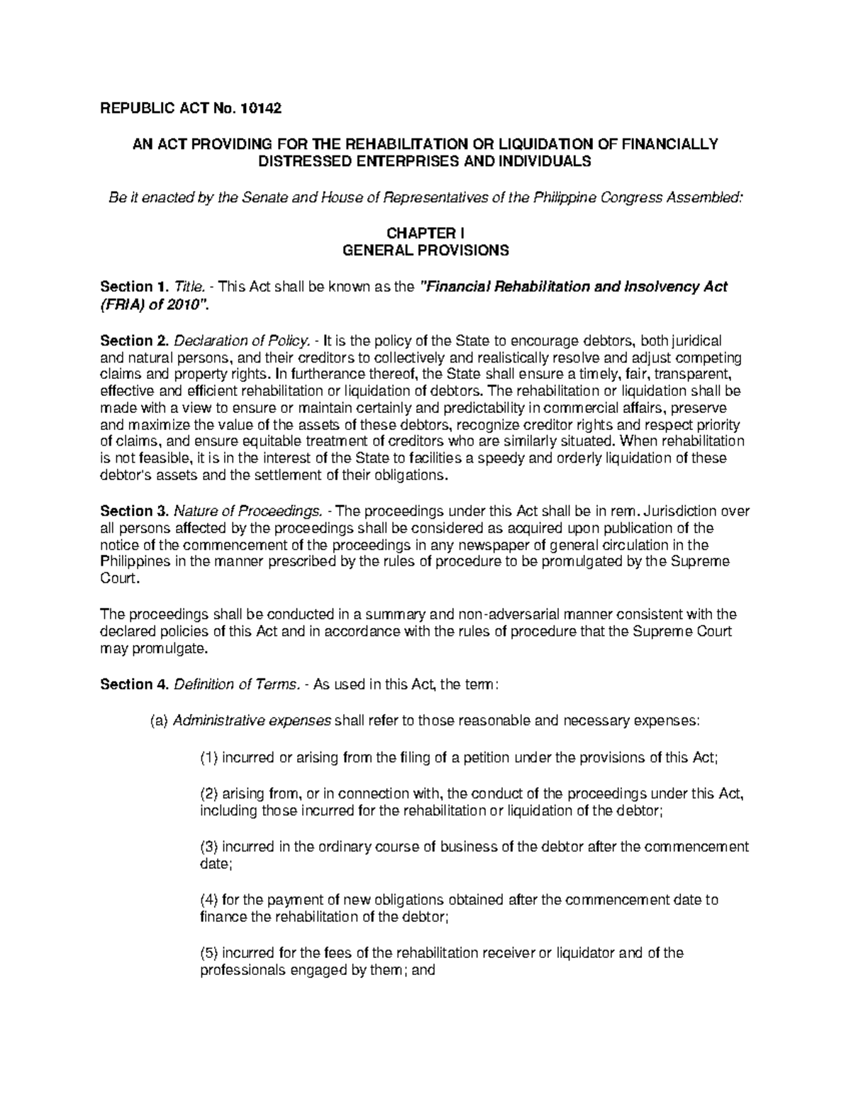 FRIA - FINANCIAL REHABILITATION AND INSOLVENCY ACT - REPUBLIC ACT No ...