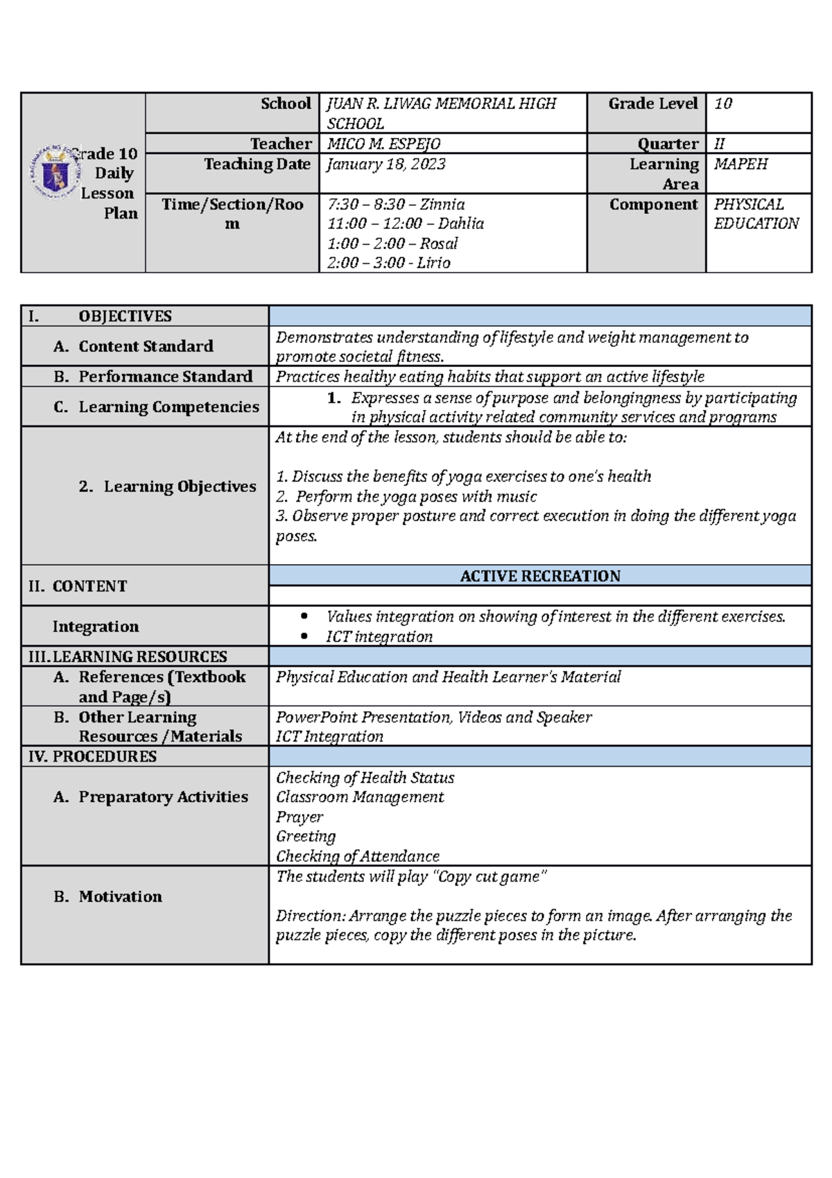 Yoga - Lesson plan - Grade 10 Daily Lesson Plan School JUAN R. LIWAG ...