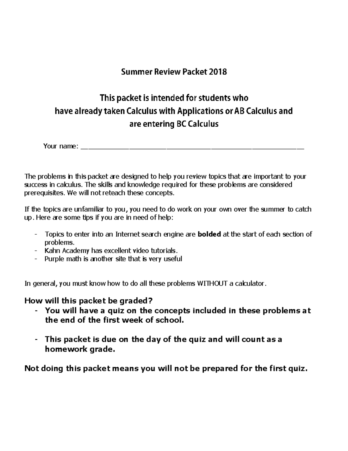 AB Calc Summer Packet - Your name