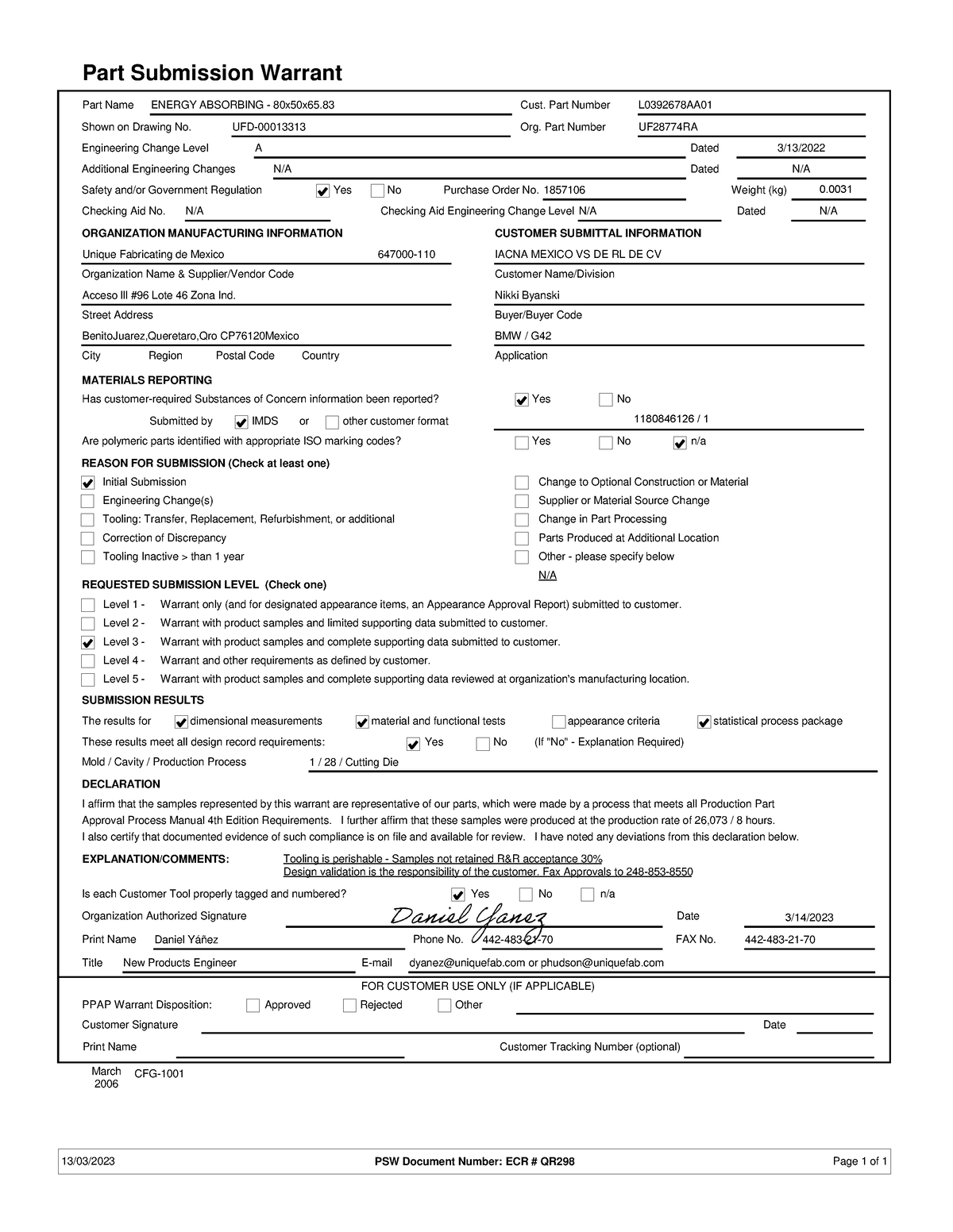 18. PSW Ejemplo de PSW Part Submission Warrant UFD 647000