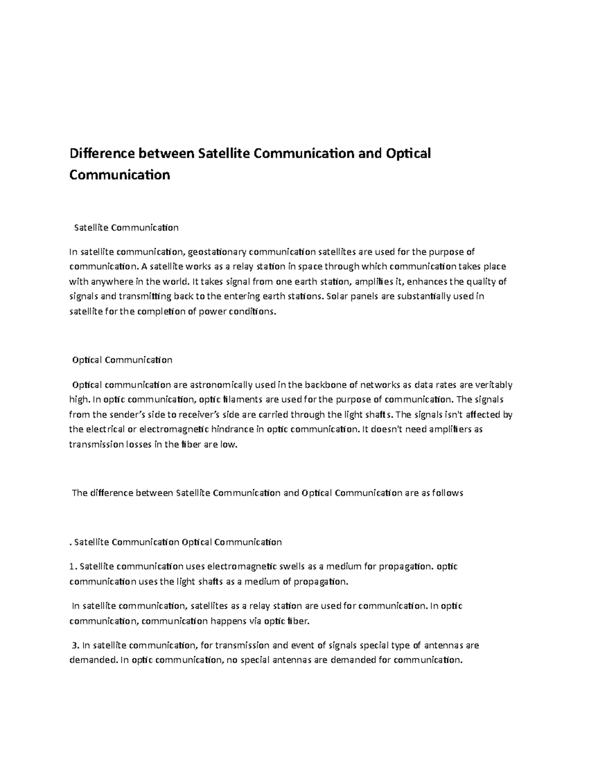 Difference between Satellite Communication and Optical Communication