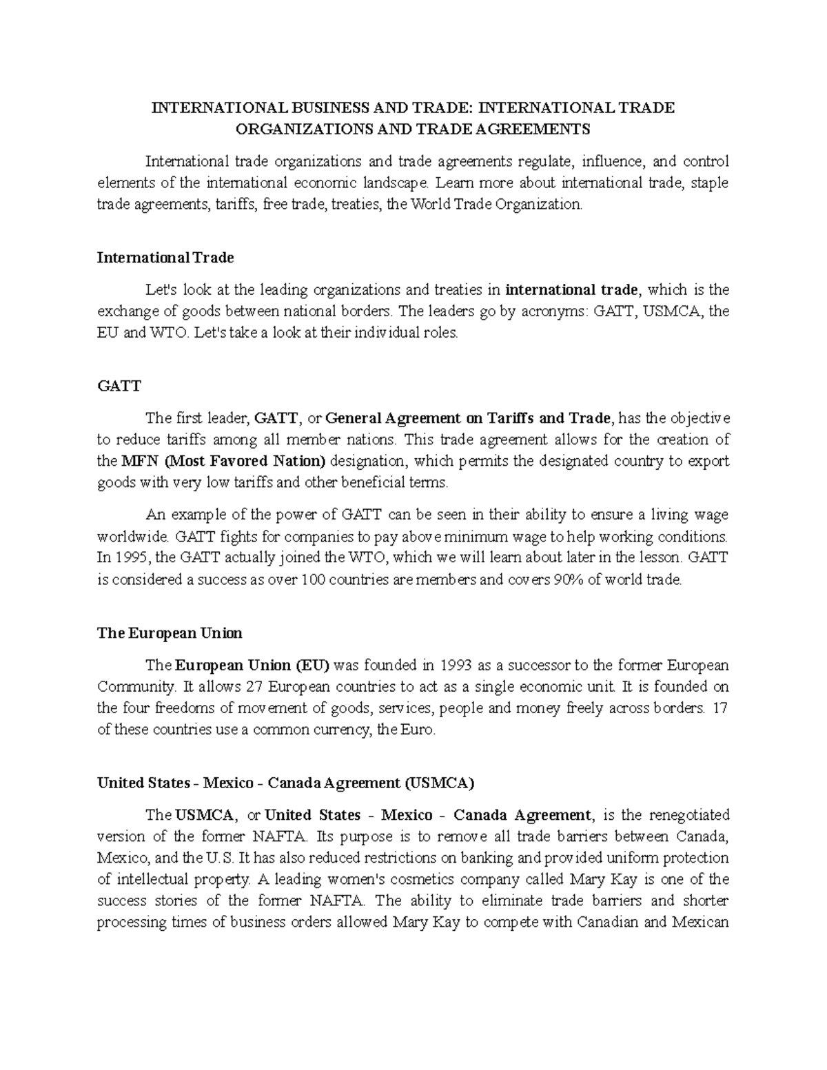 IBT Chapter 7: International Trade Organizations And Trade Agreements ...