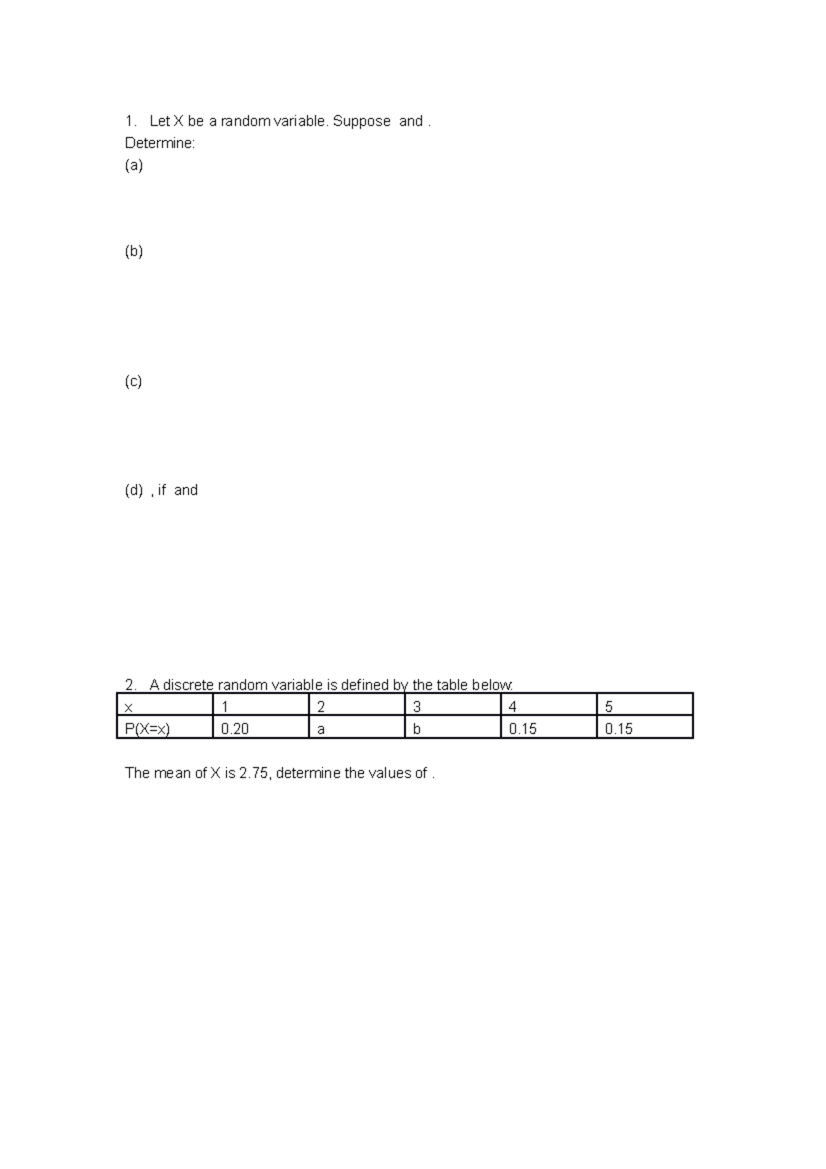 Discrete Random Variable Worksheet - Let X Be A Random Variable ...