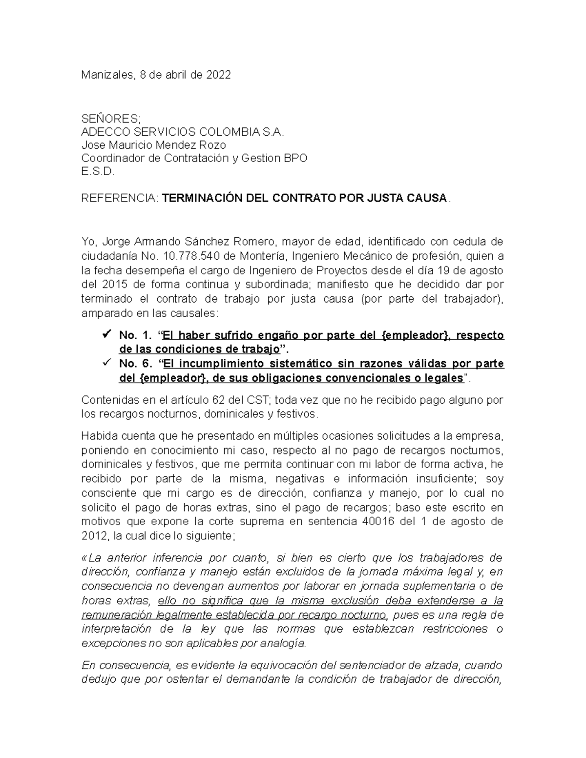 Terminacion Del Contrato Con Justa Causa Causal Rev 2 Manizales 8 De Abril De 2022 SeÑores 5680