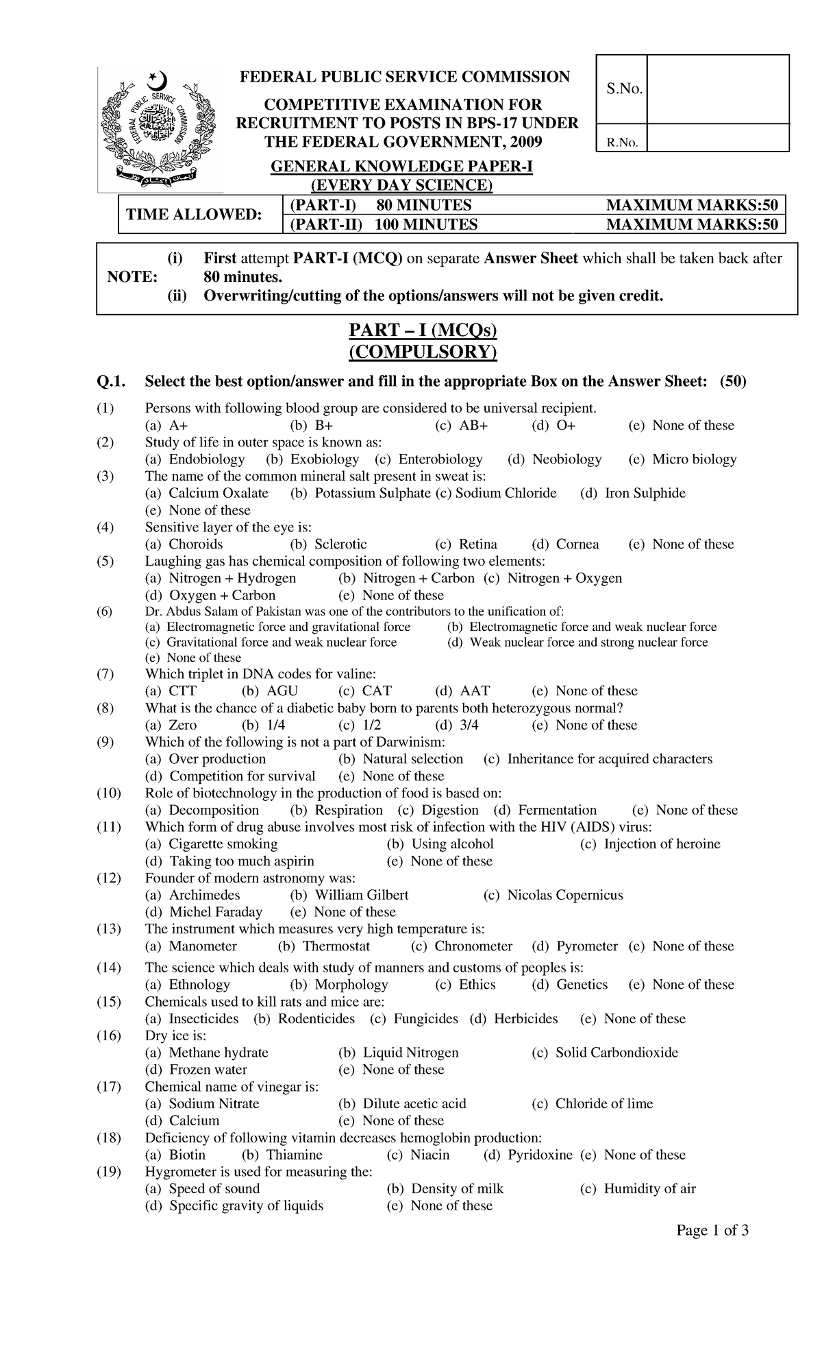 Css Everyday Science 2009 - Page 1 Of 3 FEDERAL PUBLIC SERVICE ...