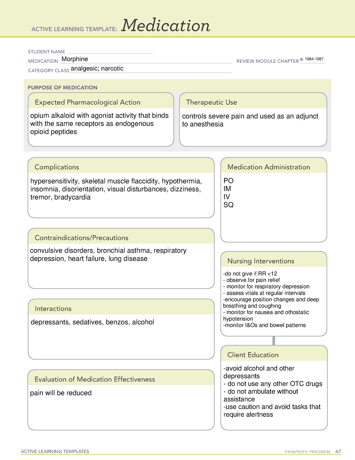 Morphine medication ATI template ACTIVE LEARNING TEMPLATES