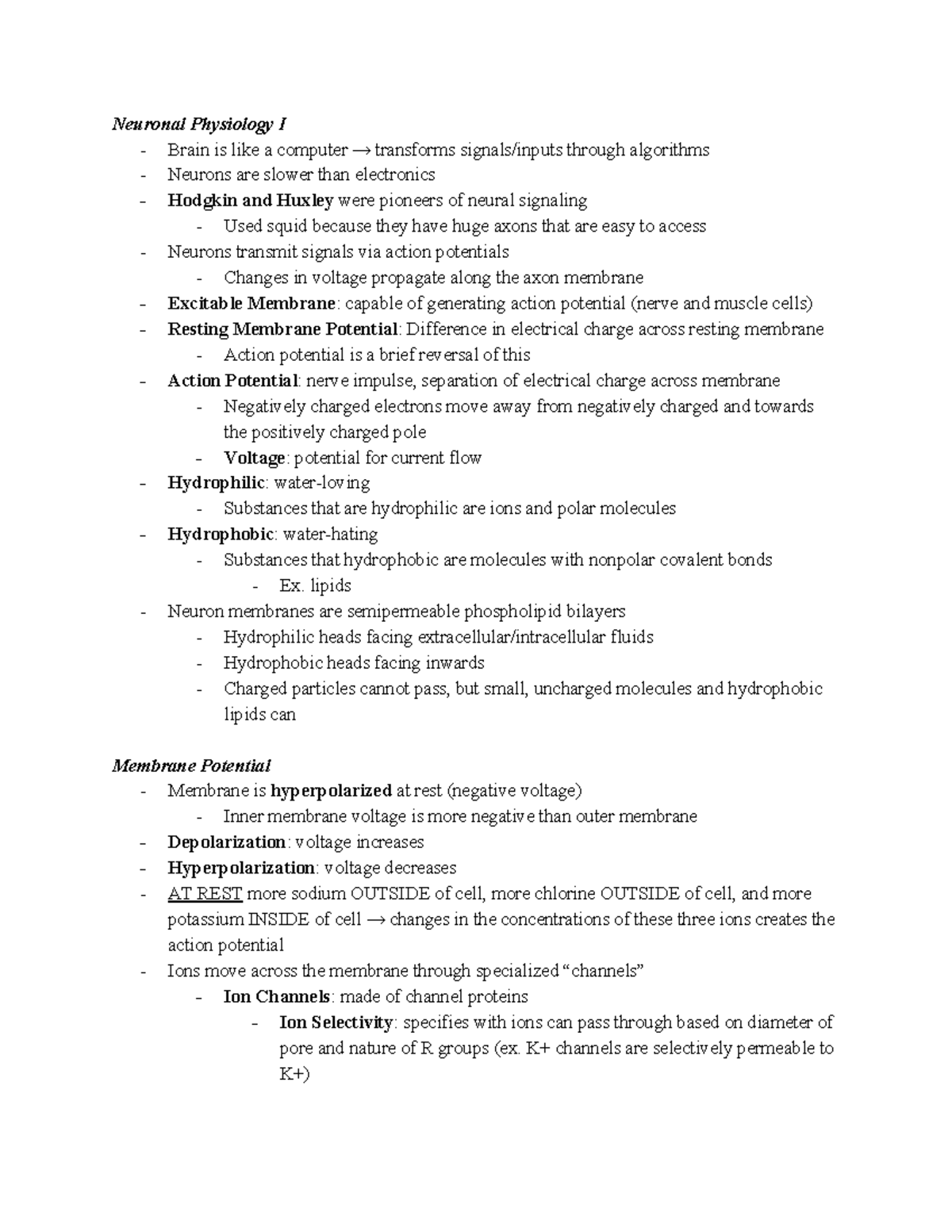 NE 101 Lecture 4 Compiled Notes - Neuronal Physiology I - Brain is like ...