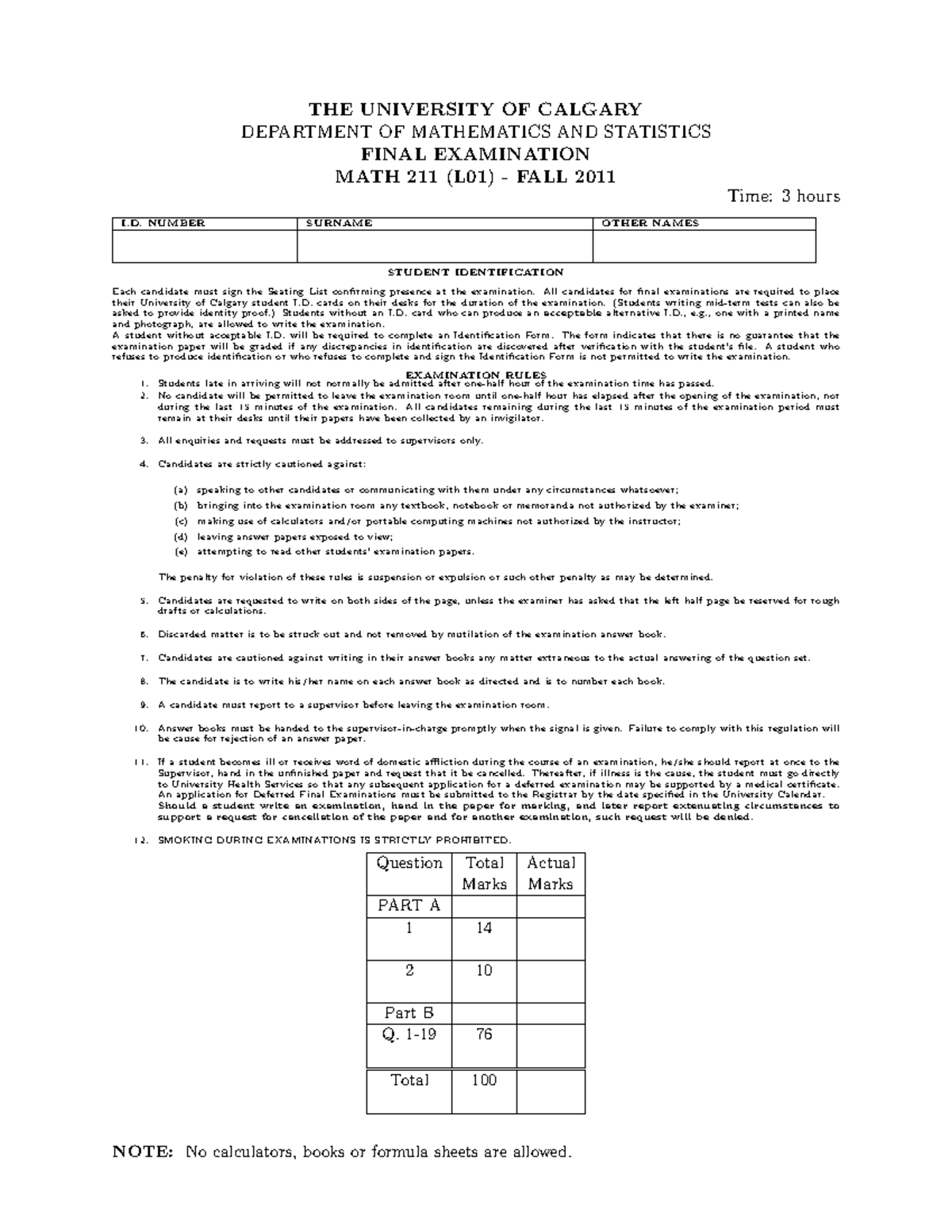 Final 2011, questions and answers - THE UNIVERSITY OF CALGARY ...