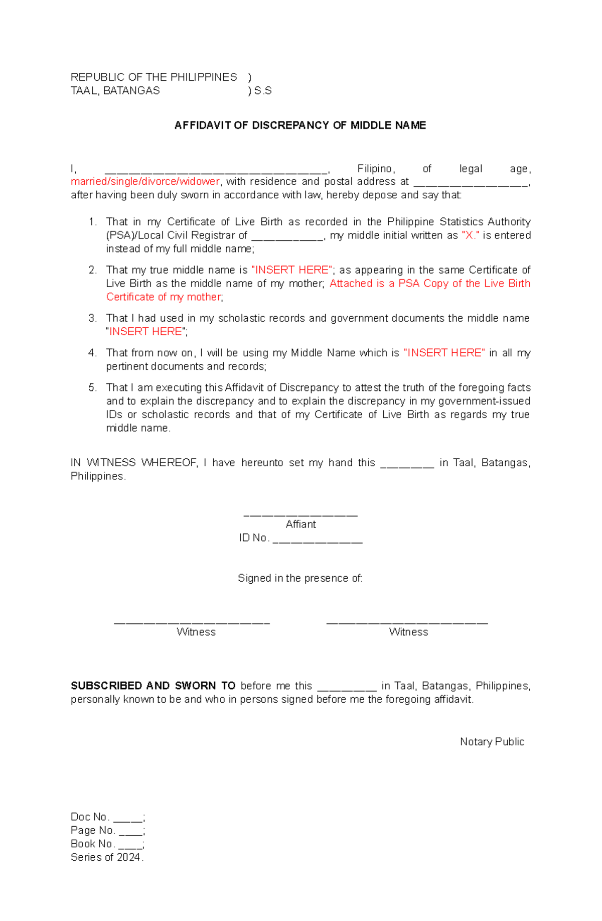 Template - Affidavit OF Discrepancy OF Middle NAME - REPUBLIC OF THE ...