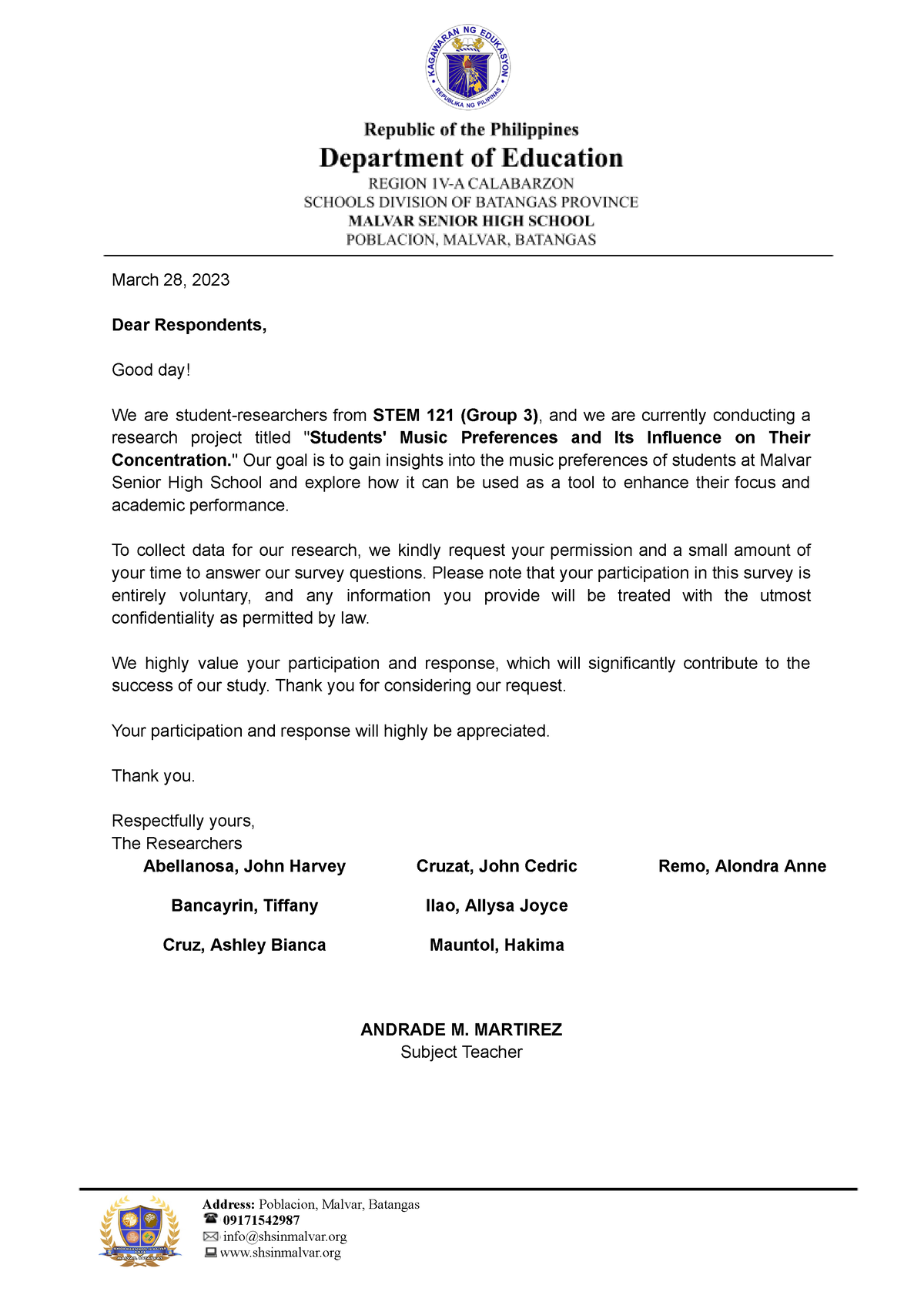 Survey Consent Letter - March 28, 2023 Dear Respondents, Good day! We ...