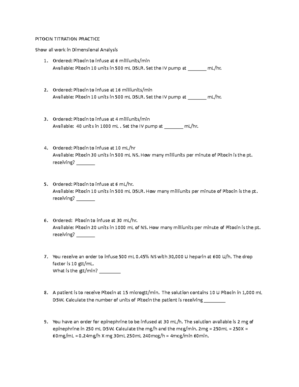 Math review examples PITOCIN TITRATION PRACTICEShow all work in