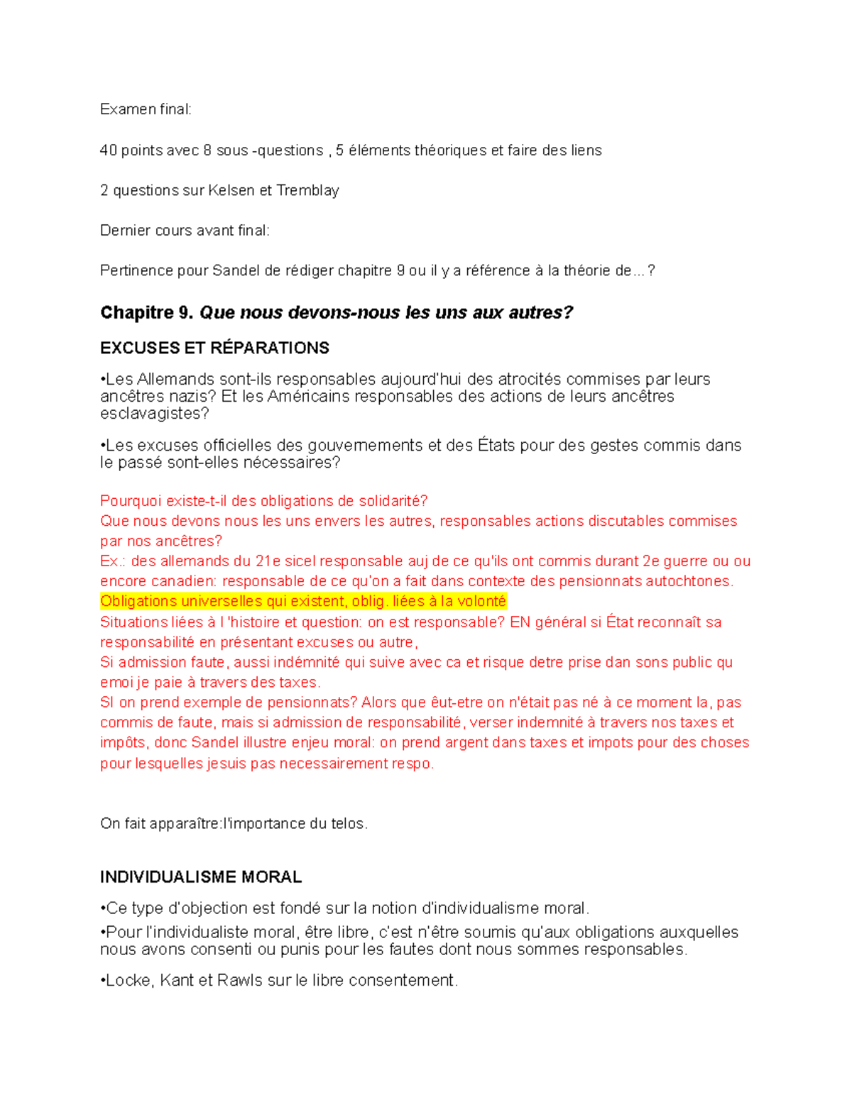 Last class before final -chapitre 9 et 10 Sandel copy - Examen final ...