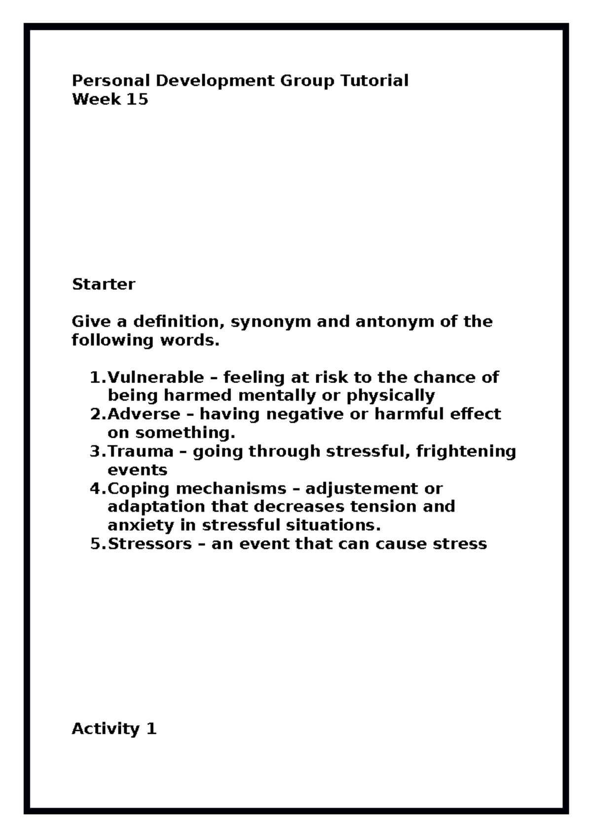 ACE`s aces work Personal Development Group Tutorial Week 15 Starter