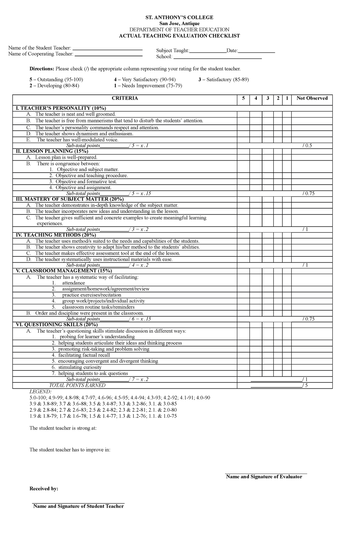 Teaching DEMO Rubric 1 - please take good care - ST. ANTHONY’S COLLEGE ...