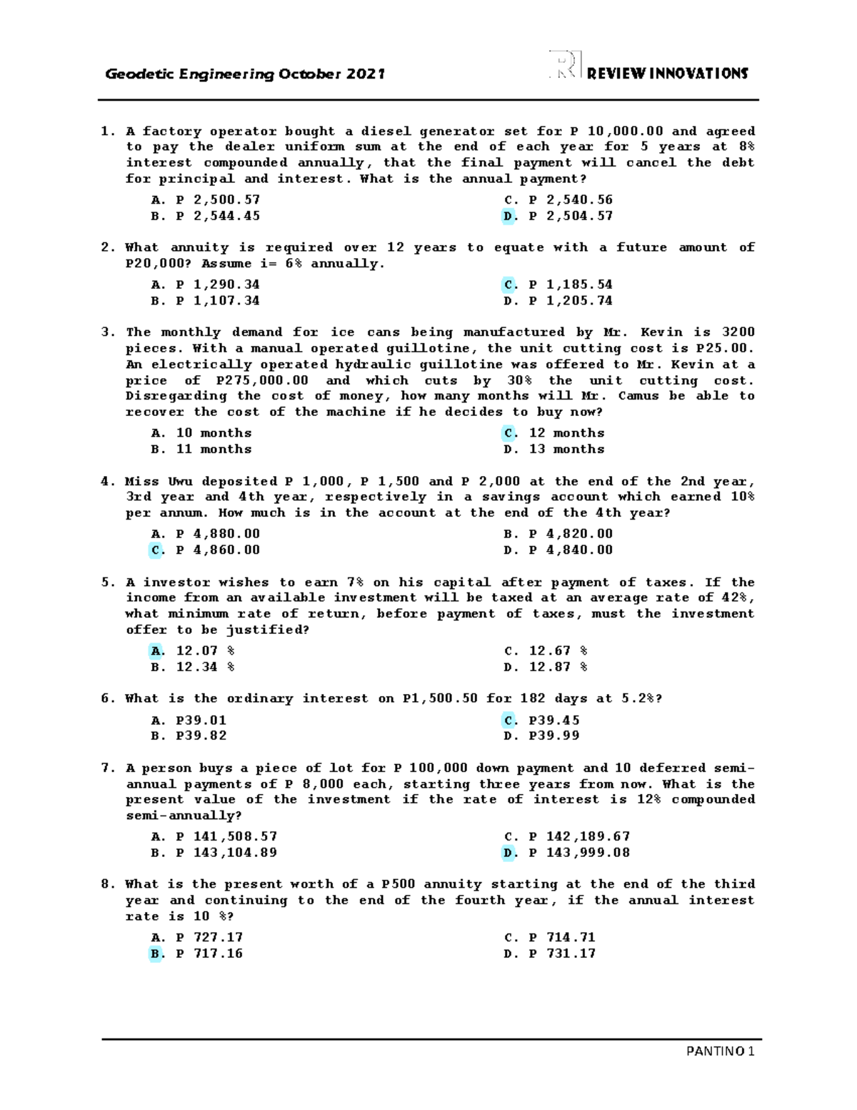 Engineering Economy 1 Test - Integral Calculus - Usep - Studocu