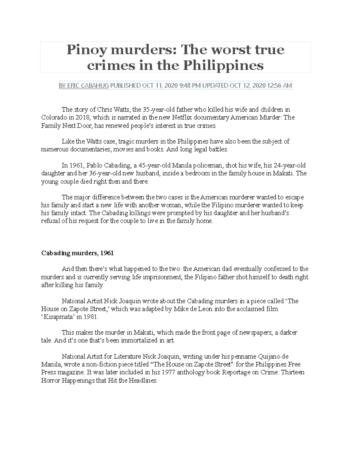 Pinoy murders Like the Watts case, tragic murders in the Philippines