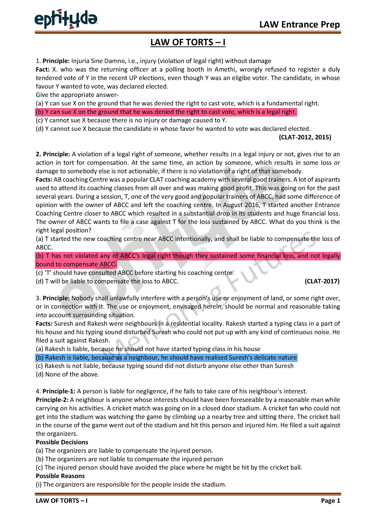 LAW OF Torts – I - Notes - LAW Entrance Prep LAW OF TORTS – I Page 1 ...