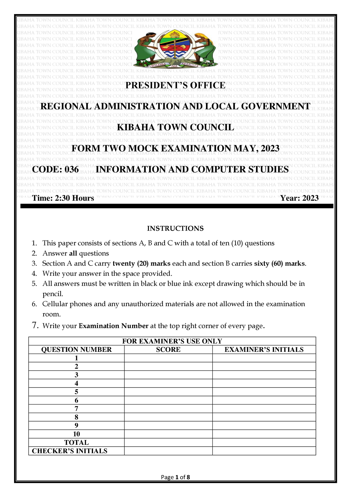 ICS MOCK FORM TWO 2023 Final Student’s Examination Number