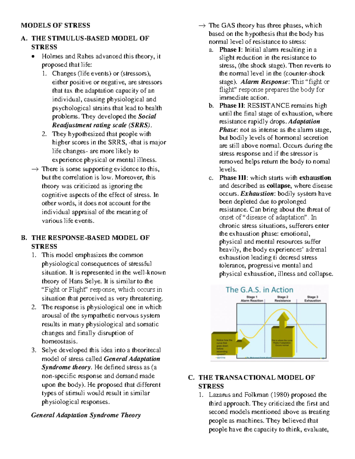 Psych 221(Models of Stress) - MODELS OF STRESS A. THE STIMULUS-BASED ...