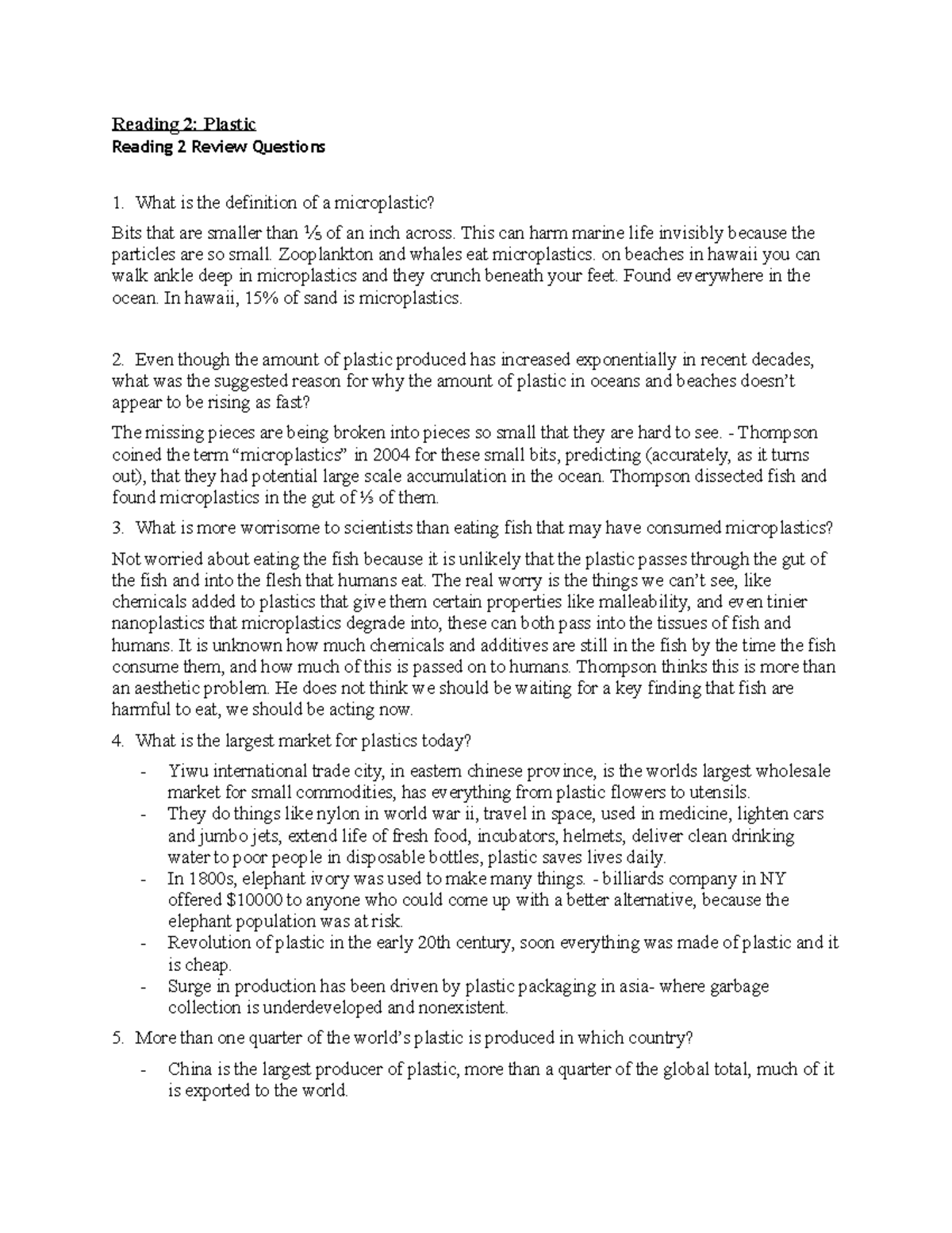 Reading 2 - Plastic - Reading 2: Plastic Reading 2 Review Questions ...