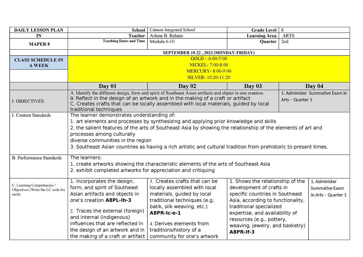 DLP- Mapeh-ARTS-Q1-SEP 18-21-2023 - DAILY LESSON PLAN School Catmon ...