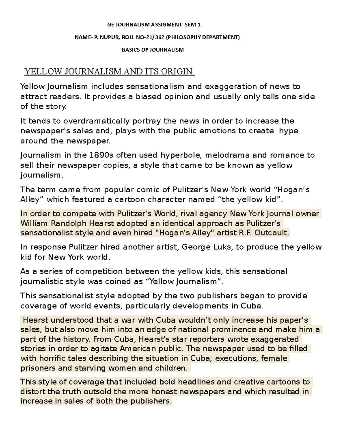 GE Journalism Assigment (1) - GE JOURNALISM ASSIGMENT- SEM 1 NAME- P ...