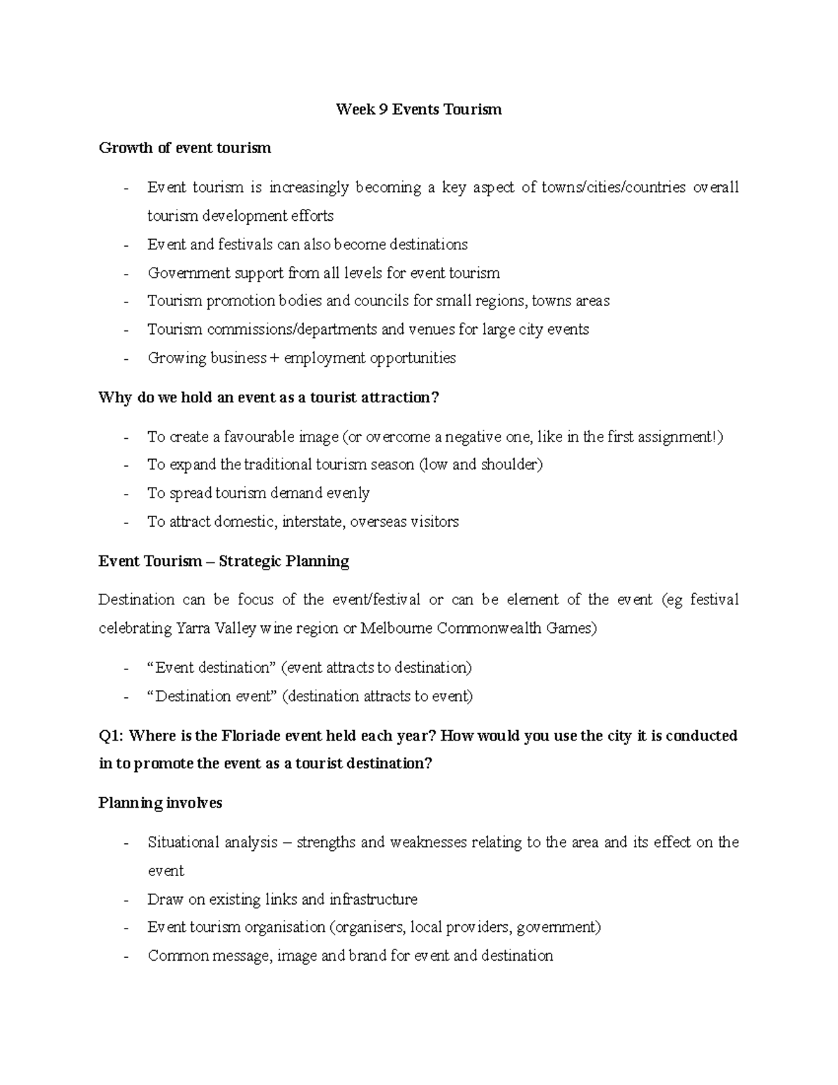 Week 9 Events Tourism - Lecture notes 9 - Week 9 Events Tourism Growth ...