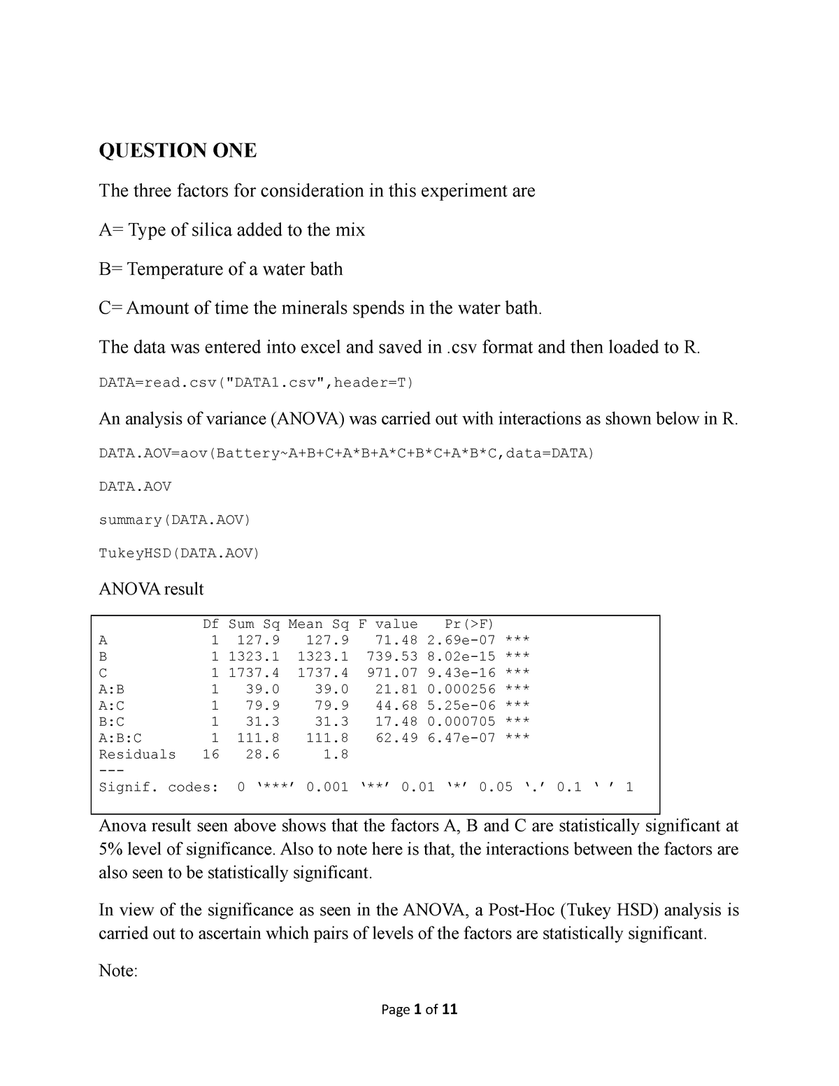 Computing In R Question One The Three Factors For Consideration In This Experiment Are A Type Of Studocu